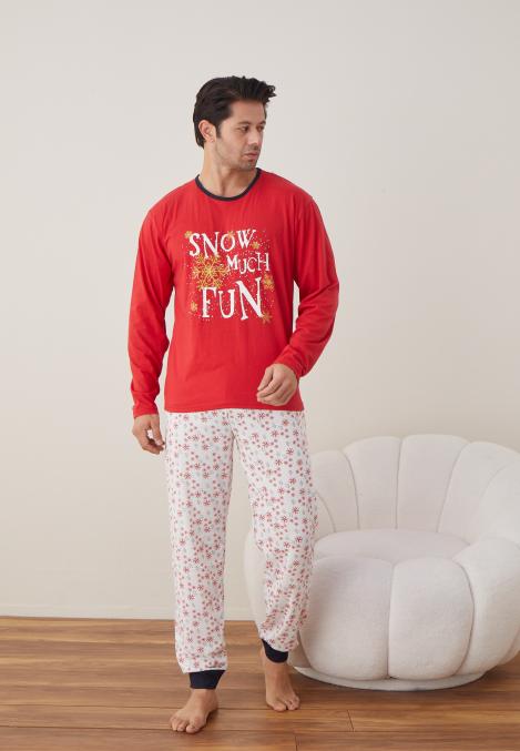 Pijama barbati Craciun "SNOW MUCH FUN" , maneca lunga ,pantaloni lungi,Culoare Rosu ,Engros